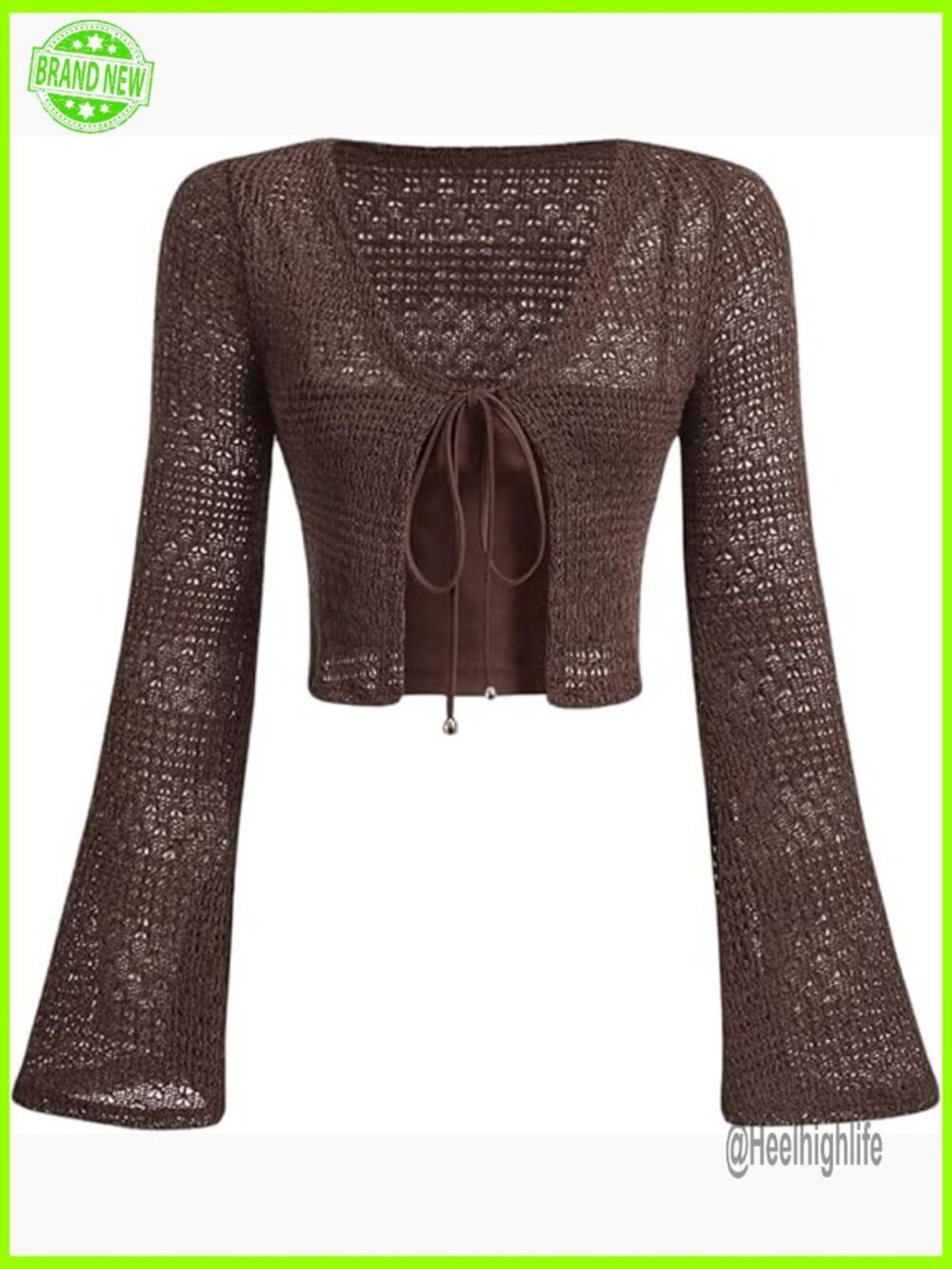 Crochet V-Neck Bell Sleeve Cardigan, Bow Tie Front, Crop